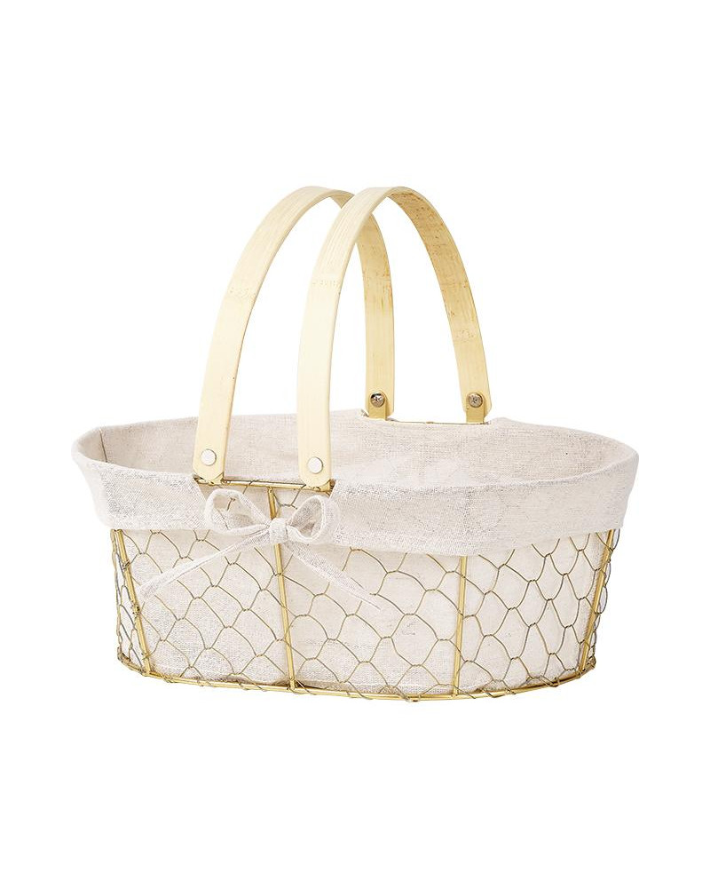 CESTA OVAL METAL DORADO FORRO TELA 35X25X13 CM