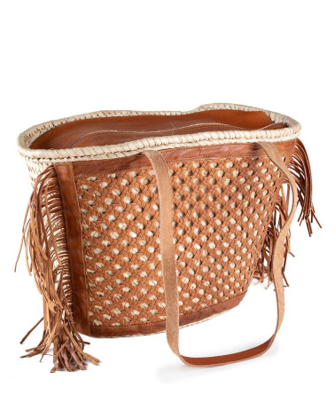 BOLSO PALMA MALLA PIEL FLECOS ASA LARGA 8 VUELTAS 47X29 CM