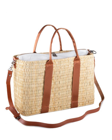 BOLSO JUNQUILLO DOBLE ASA CINTA PIEL NATURAL 46X20X31 CM