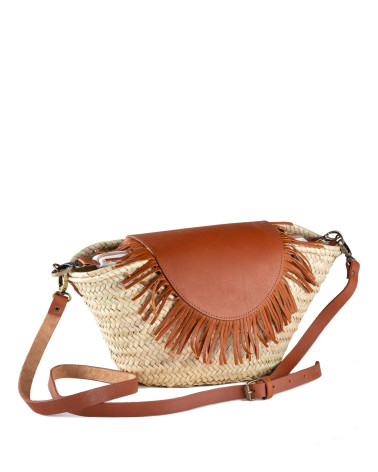 BOLSO PALMA SOLAPA PIEL FLECOS ASA LARGA 6 VUELTAS 40X22 CM