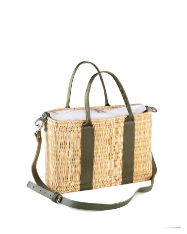 BOLSO JUNQUILLO DOBLE ASA CINTA PIEL VERDE 35X10X21 CM