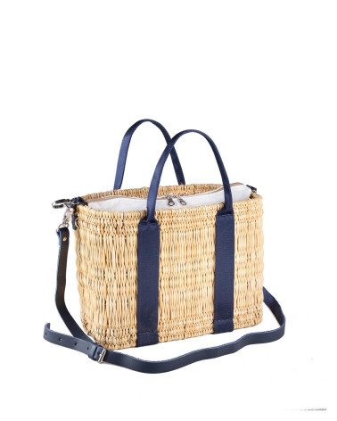 BOLSO JUNQUILLO DOBLE ASA CINTA PIEL AZUL 35X10X21 CM