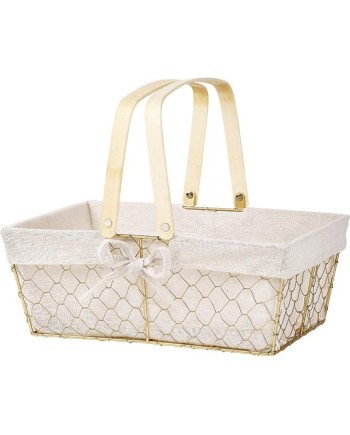 CESTA RECTANGULAR METAL DORADO FORRO TELA 35X25X13 CM