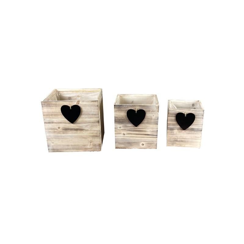CAJON MADERA CORAZÓN PIZARRA 28X28X28 CM SET 3