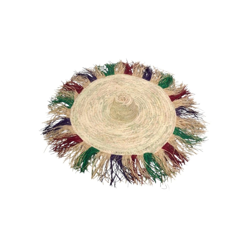 SOMBRERO PALMA FLECOS RAFIA COLORES D80X15 CM