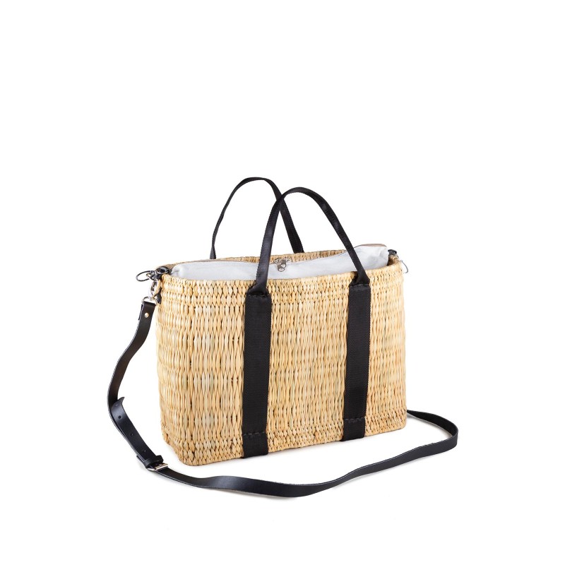 BOLSO JUNQUILLO DOBLE ASA CINTA PIEL NEGRA 35X10X21 CM