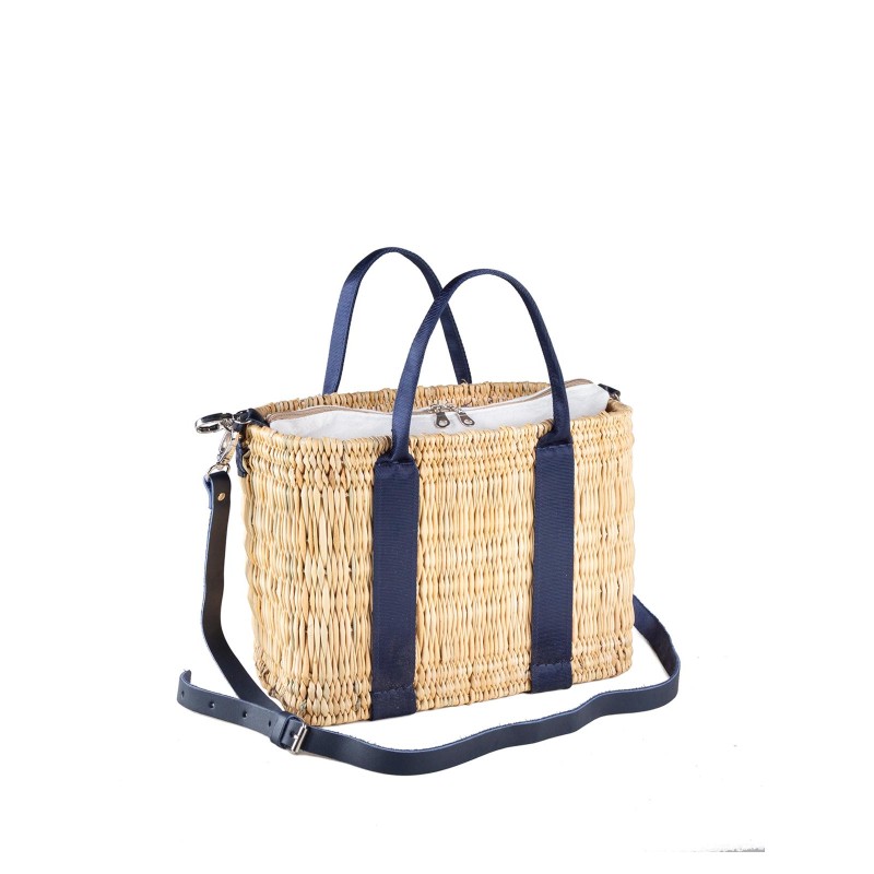 BOLSO JUNQUILLO DOBLE ASA CINTA PIEL AZUL 35X10X21 CM