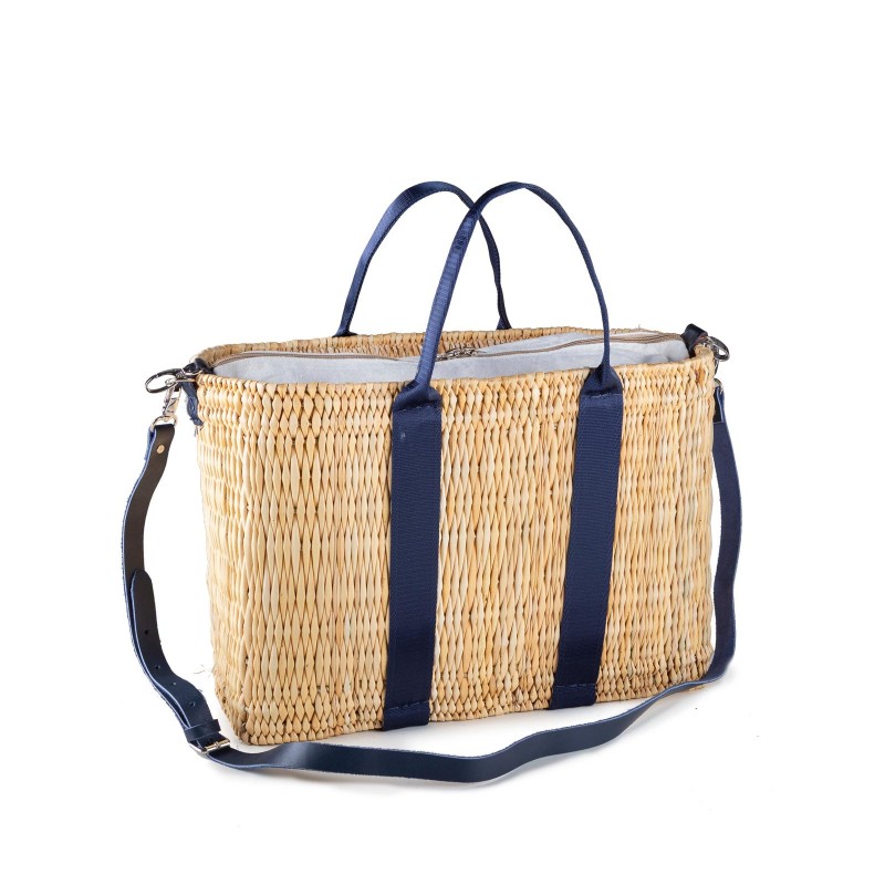 BOLSO JUNQUILLO DOBLE ASA CINTA PIEL AZUL 46X20X31 CM