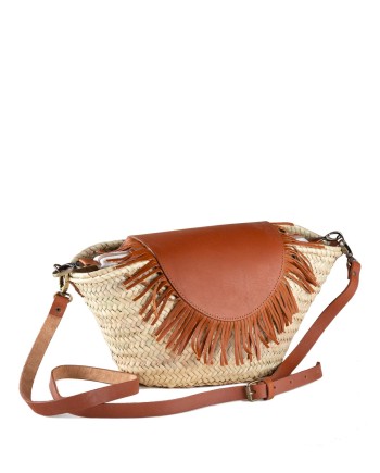 BOLSO PALMA SOLAPA PIEL FLECOS ASA LARGA 6 VUELTAS 40X22 CM