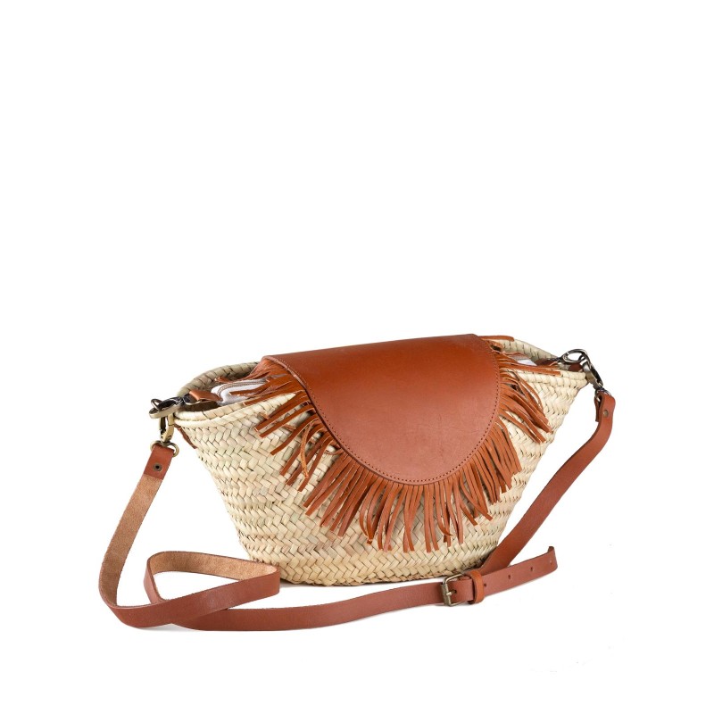 BOLSO PALMA SOLAPA PIEL FLECOS ASA LARGA 6 VUELTAS 40X22 CM